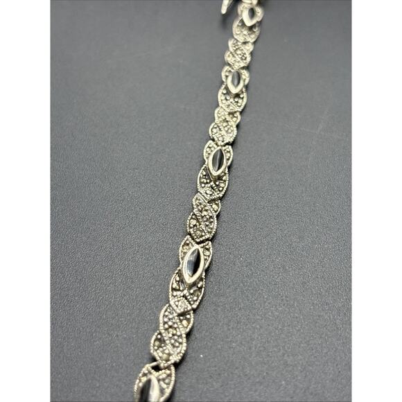 Vintage Sterling Silver Onyx 7" Bracelet Marcasite Bracelet 13 Grams W18 - Picture 10 of 11